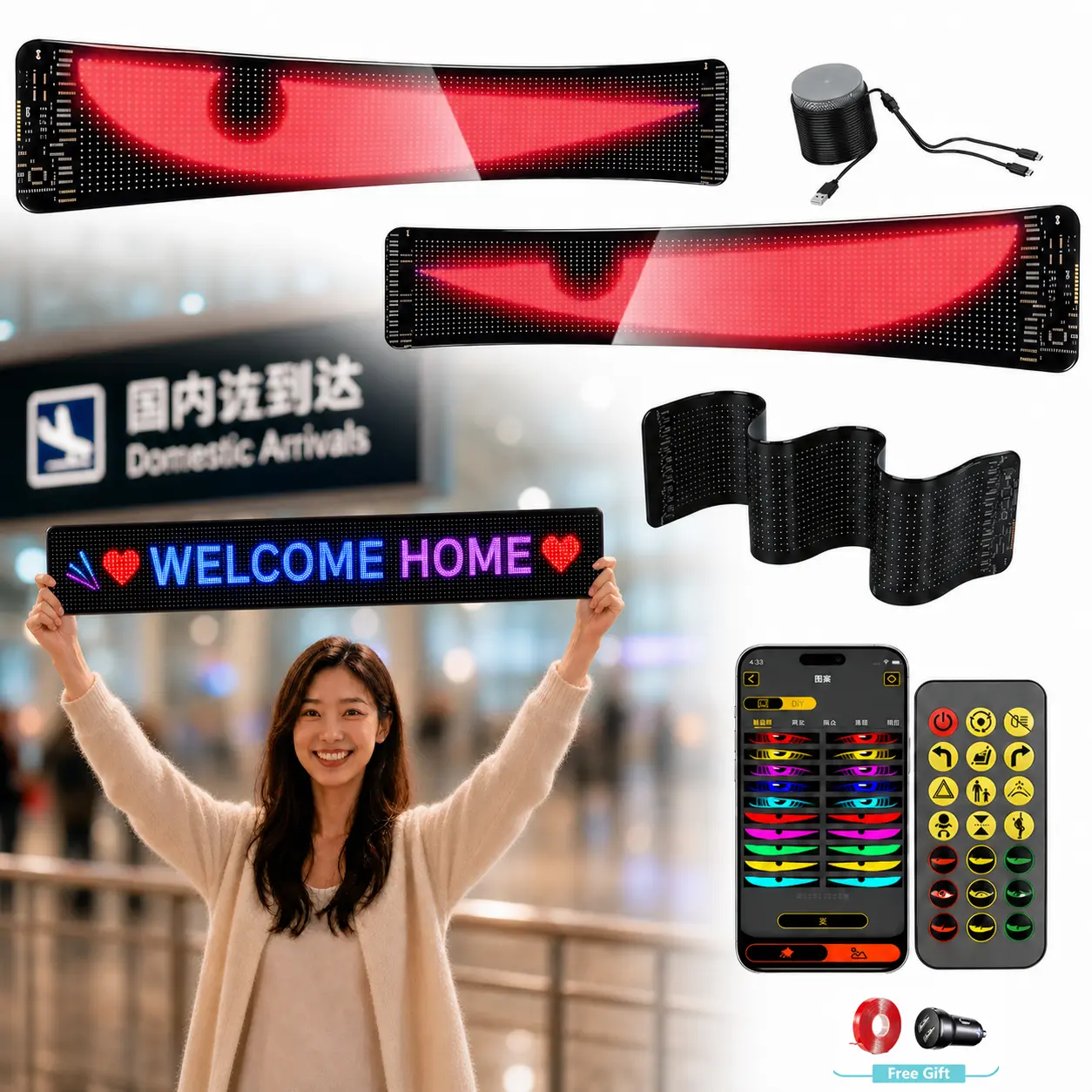 Quplavo 5V USB Power Illuminated LED Flexible Airport Welcome Sign Board, App-Controlled DIY Custom Texts, High-Brightness Bendable RGB Dot Matrix Panel, Portable Glow Board (1-Pack & 2-Pack Options)