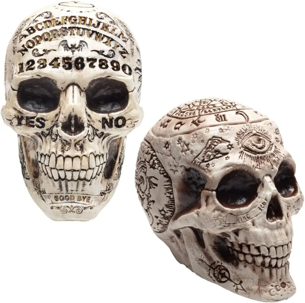 Zodiac & Spirit Board Skulls- 2 Pack, 7" x 6.5" Human Head Skeleton Sculpture-Indoor Home Fall Decor for Parties - Prop Decorations for Houses