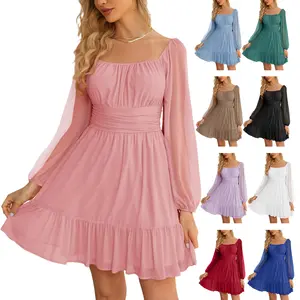 Wenrine Women's Mesh Long Sleeve Square Neck Dress High Waist A Line Ruffle Hem Flowy Casual Party Mini Dress