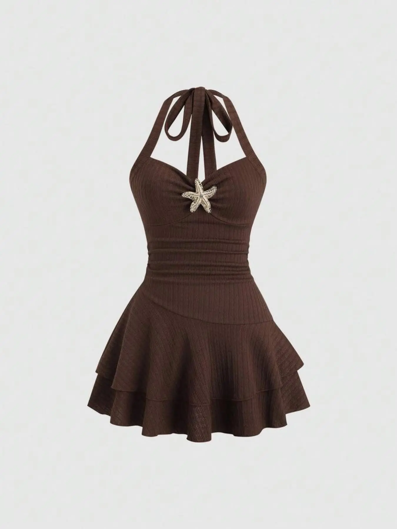 Women's New Summer Halter-Neck Dress, Beach Vacation Style with Front Pleats, Metal Decor and Layered Ruffles, Elegant Fabric, Playful Mini Dress, Elegant Knit Dress, Tiered Layer Dress