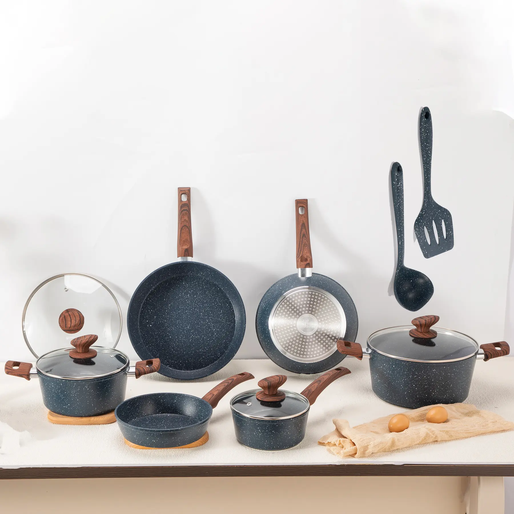 SummerSale Kitchen Academy Induction Cookware Sets - 12/17/30 Pieces Cooking Set, Granite Nonstick Pots and Pans Silicone Cast Iron Skillet Beige Cooking Set