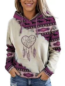 Plus Size Clothes - Women's Ethnic Pattern Heart Graphic Print Drawstring Hoodie, Casual Long Sleeve Drop Shoulder Hooded Sweatshirt, Ladies All Seasons Loose Fit Comfort Hoodie, Classic Ethnic Style Heart Print Pullover for Women All Occasions