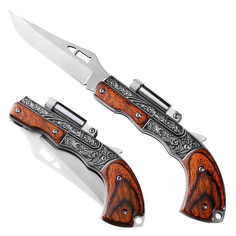 Portable Foldable Multi Kitchen Knife,Sharp Stainless Steel Blade with Built-in Flashlight, Vintage Engraved Handle for Camping Cooking BBQ