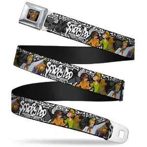 Scooby Doo Face Full Color Black - Scooby Doo Group Pose/Bones Webbing Seatbelt Belt