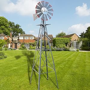 VINGLI 8FT Ornamental Windmill Backyard Garden Decoration Weather Vane, Heavy Duty Metal Wind Mill w/ 4 Legs Design, Grey