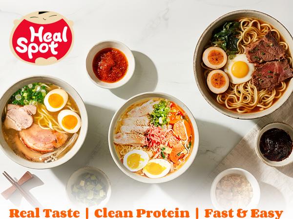 Healspot High Protein Instant Ramen, 6 Cups Non Fried Ramen Broth, 32g Plant Based Protein, Low Fat, Low Carb, Non GMO, Keto Friendly & Plant Based (Golden-Chicken,Smoky-Beef,Classic-Pork）