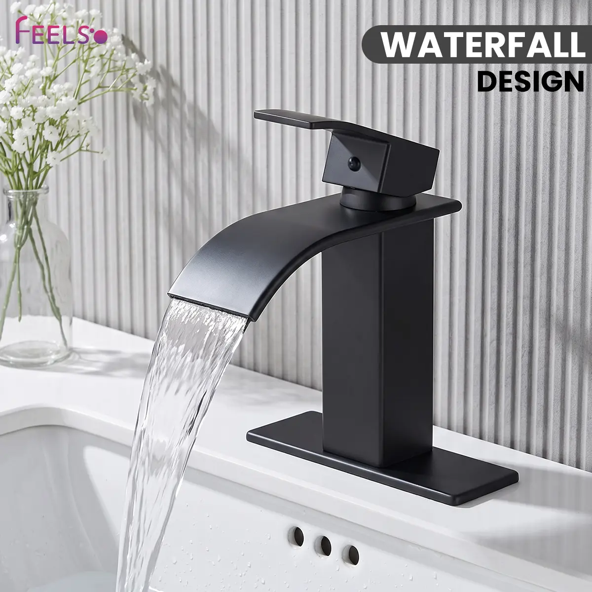 FEELSO Black Waterfall Spout Bathroom Faucet – Single Handle Vanity Basin Faucet with Deck Plate, 304 Stainless Steel Construction, Matte Black Finish, Fits 1 or 3‑Hole Sinks for RV and Kitchen Use