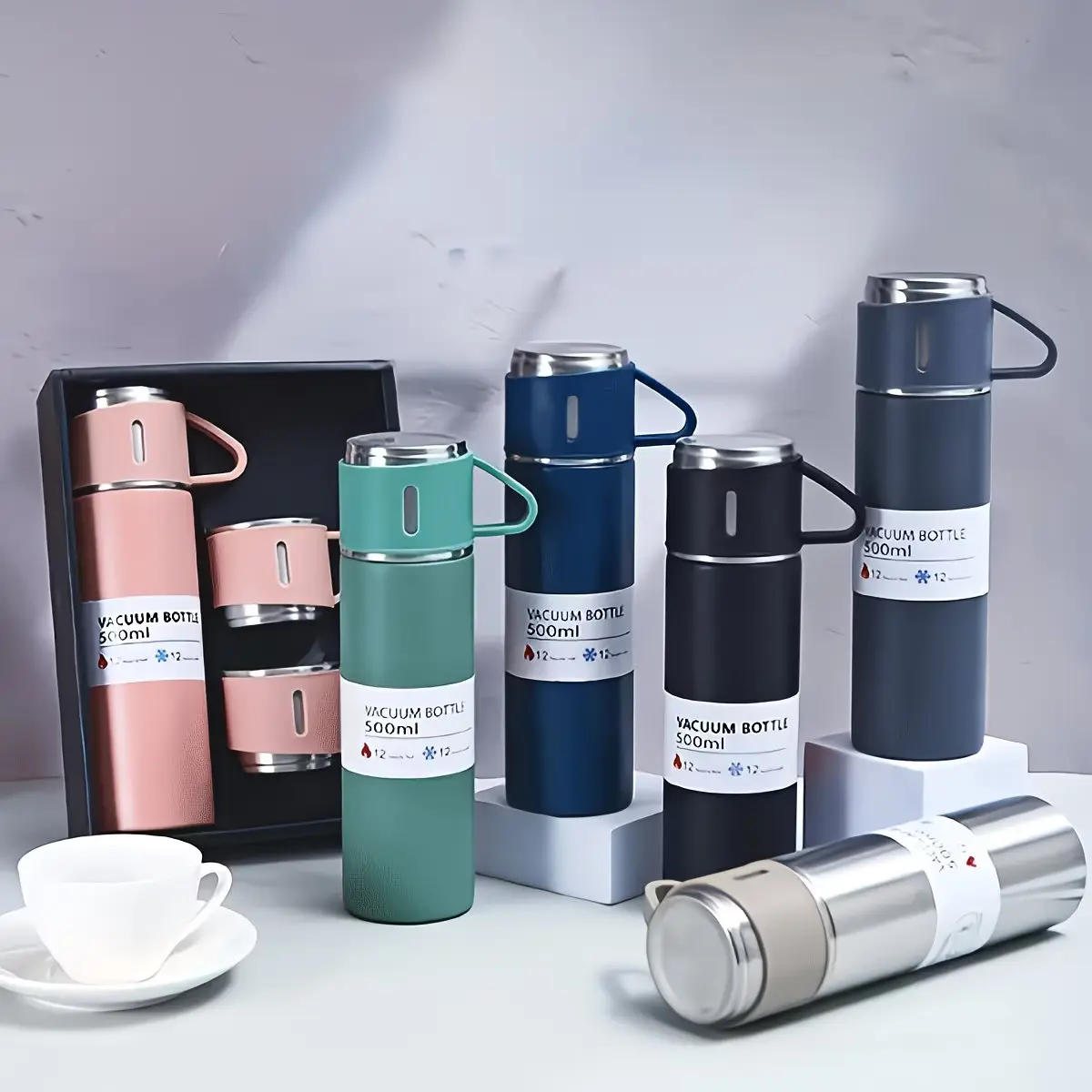 304 Stainless Steel Insulated Water Bottle Gift Set (4-Piece) - 500ml/16.9oz Tumbler Flask, 3 Stylish Small Coffee Cups, Triple Lids, Portable Handheld Design, Superior Insulation for Hot/Cold Drinks, Outdoor/Office Use, Water Bottles