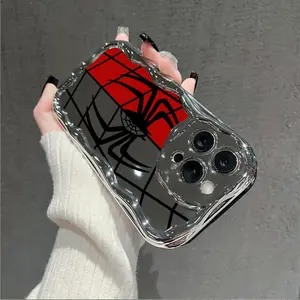 A Protective Case for a Phone Featuring a Double Spider Web Design in Red And White, Made from Electroplated Cream Material. It Is Compatible with iPhone Models 16, 15, 14, 13, 12, And 11 Pro Max, As Well As 16 And 15 Plus. T Spider-Man
