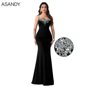 ASANDY Luxury Black Satin Evening Gown, Rhinestone Square Neck High Slit Bodycon Dress for Gala & Anniversary Dinner