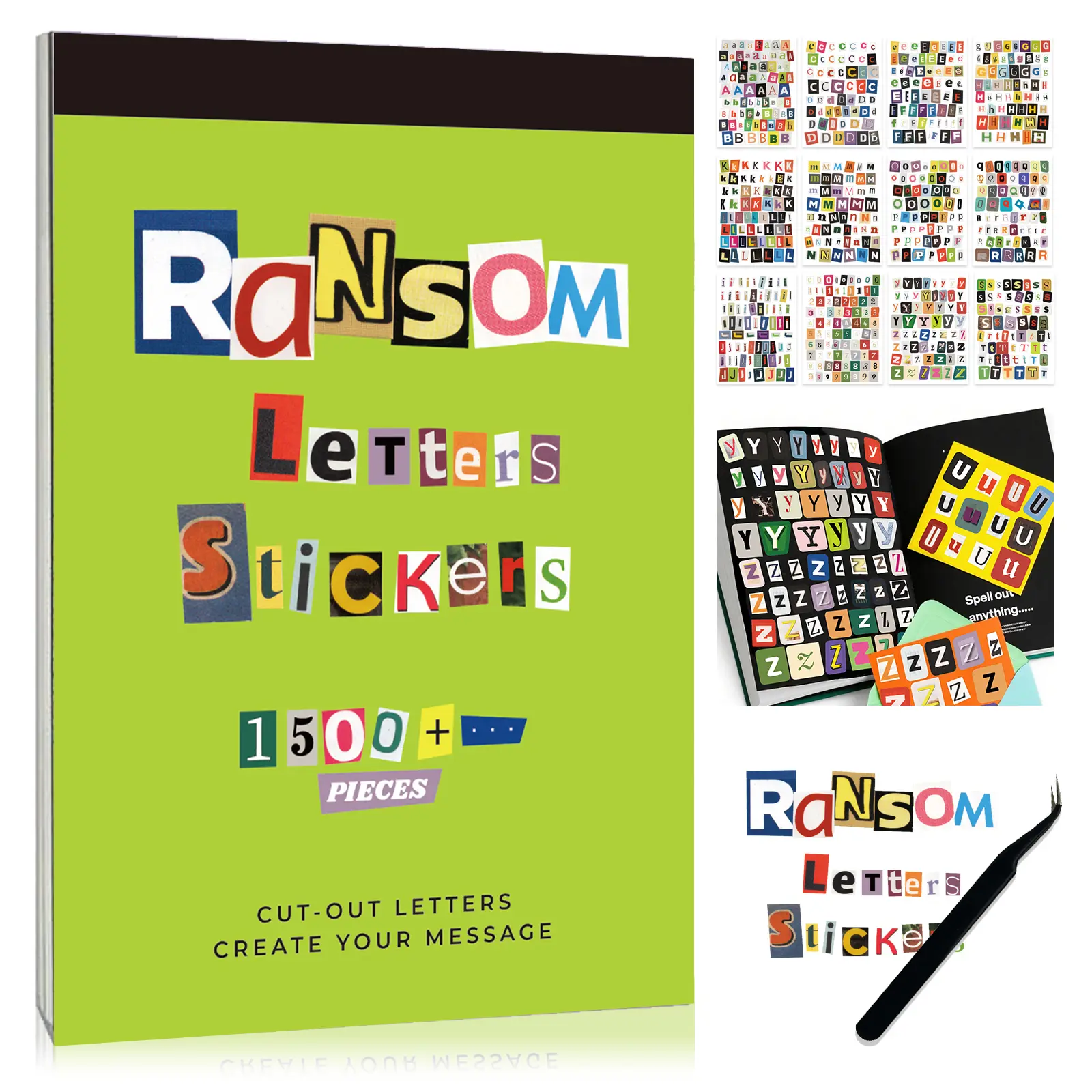 Retro Ransom Letter Decorative Die-Cut Sticker Book, 1500+ Waterproof Vinyl Alphabet & Number Cut-Outs with Tweezers & Adhesive Strips, for Scrapbooking & DIY Crafts, Decorative Sticker Stickers,back to school