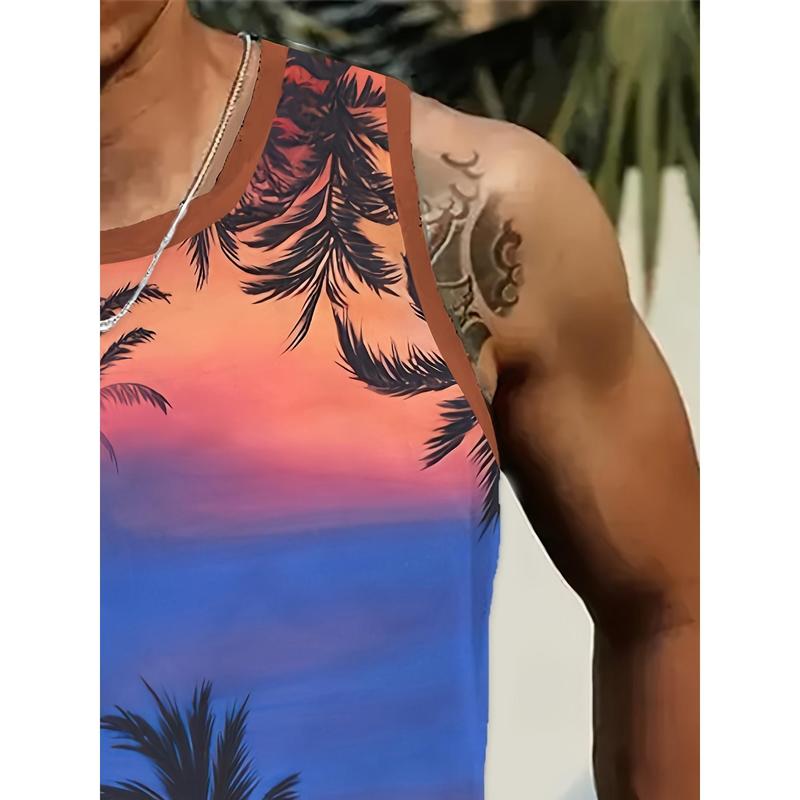 Men's Hawaiian Sunset Palm Tree Print Tank Top - Vibrant Gradient Design, Breathable & Stretchy Polyester Sleeveless Shirt for Outdoor Sports, Fitness, and Casual Summer Wear