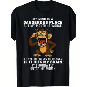 Men'S Funny Monkey Graphic T Shirt 180g 100% with My Mind Is a Dangerous Place Slogan Casual Short Sleeve Shirt for Parties 4th of July Casual Attire Soft Breathable Fabric Medium Stretch Round Neck Tee for Men