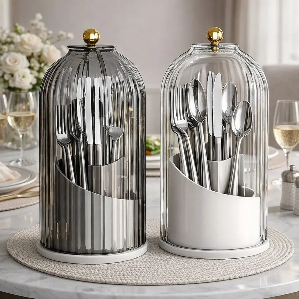Utensil Holder with Lid 360 Rotating Clear Dustproof Cutlery Organizer for Kitchen Countertop Modern Tableware Storage Elegant Design