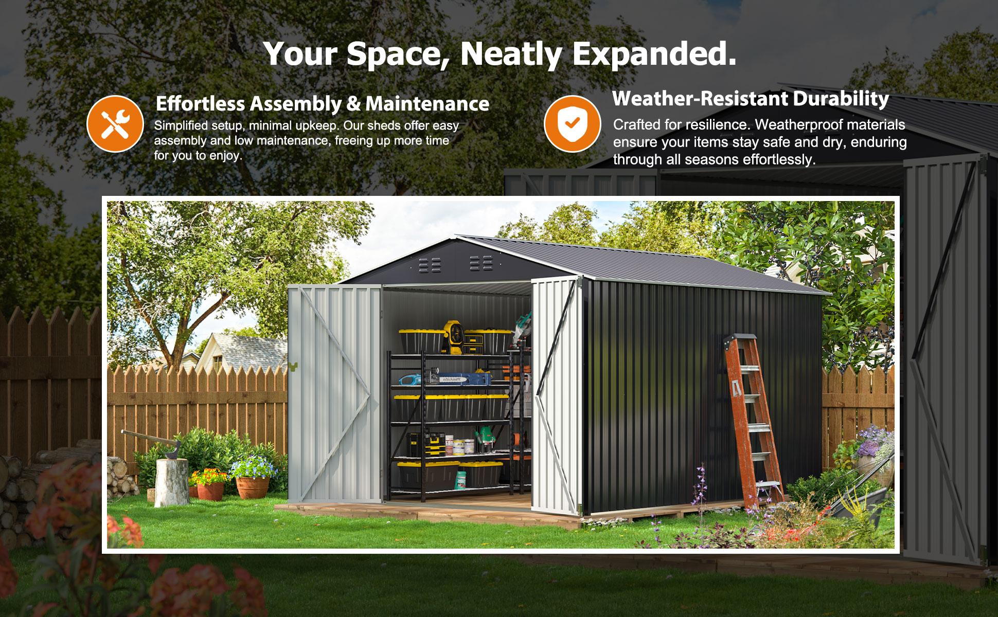 Outdoor Storage Shed - A Weatherproof Metal Utility Shed equipped with a Door and Ramp Access, Perfect for Exterior Applications in Gardens, Backyards, and Patio Areas.