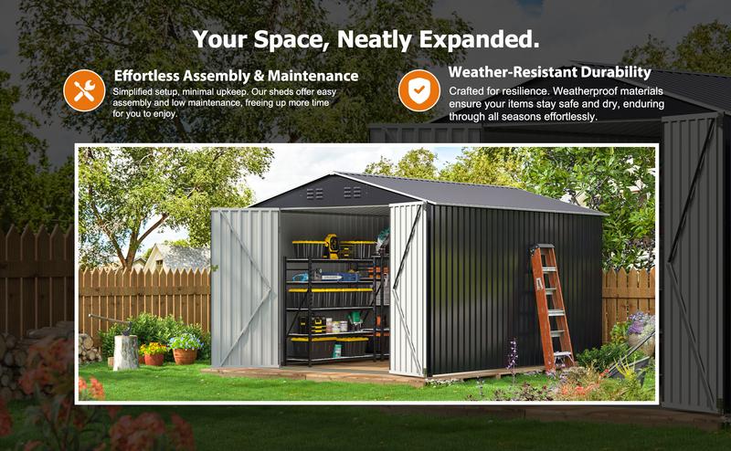 Outdoor Storage Shed - A Weatherproof Metal Utility Shed equipped with a Door and Ramp Access, Perfect for Exterior Applications in Gardens, Backyards, and Patio Areas.