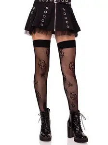 Leg Avenue Occult Symbol Net Thigh Highs for Alt and Halloween Style Stretchy Stockings