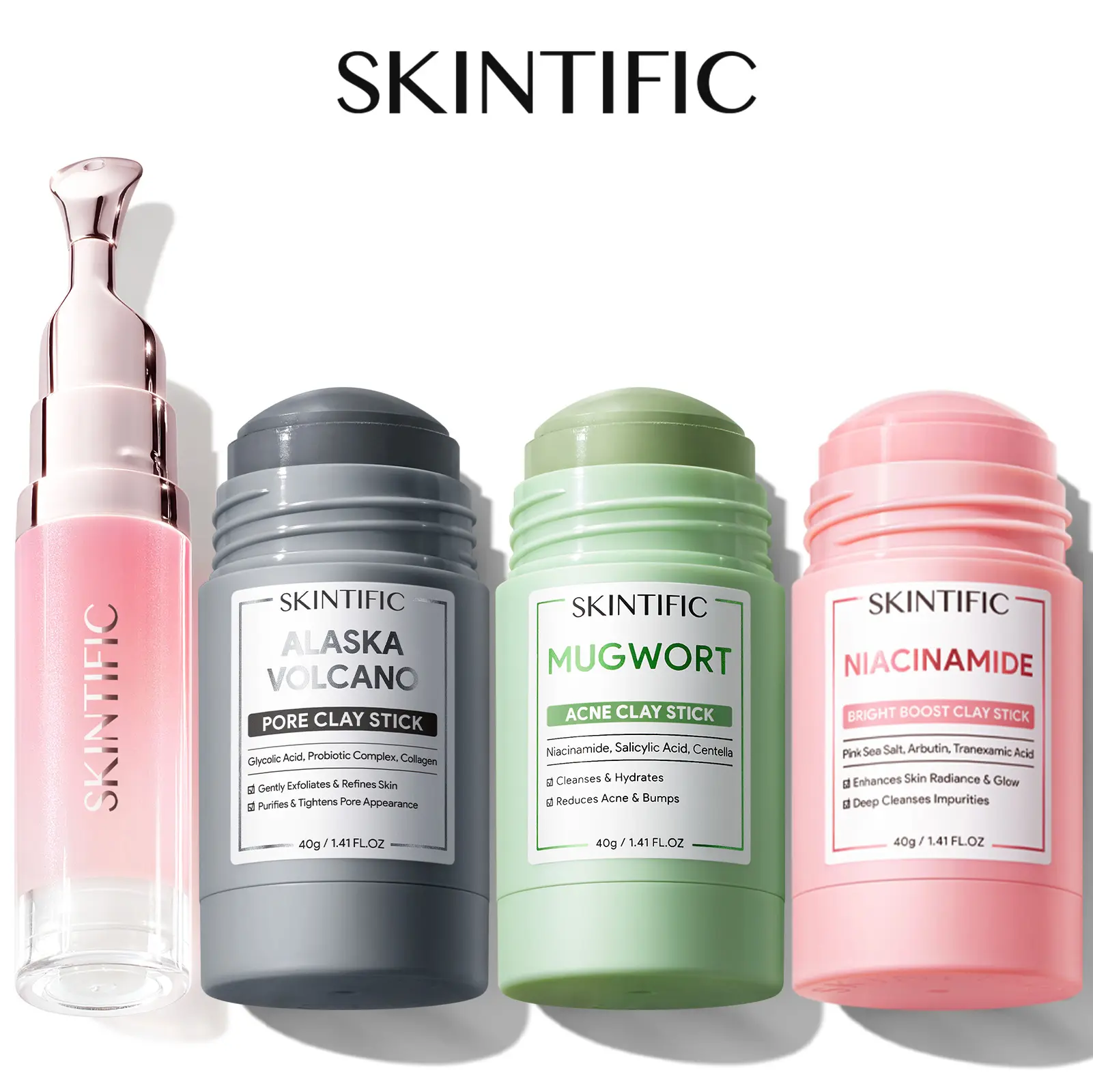 [Hot Combo]SKINTIFIC Purify & Brighten Face & Lip Care Combo - Alaska Volcano Pore Clay Stick + Peptide Brightening Lip Serum - Pore Detox Oil Control Dark Lip Corrector