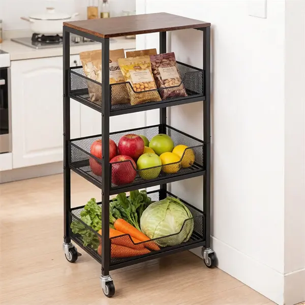 4-Tier Rolling Fruit Vegetable Basket Stand, Kitchen Storage Cart on Wheels with Lockable Casters, Wood Top Metal Utility Organizer Trolley for Pantry Office Bathroom Bedroom, Multipurpose Rolling Cart