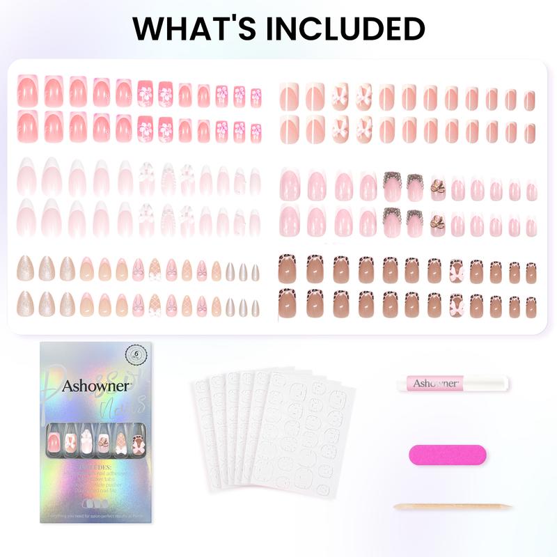144 Pcs (6 Packs) Value Set | Press on Nails with Jelly Glue | Mixed Coffin & Almond Shapes | Reusable Stick on Nails | No Glue Damage | 12 Sizes