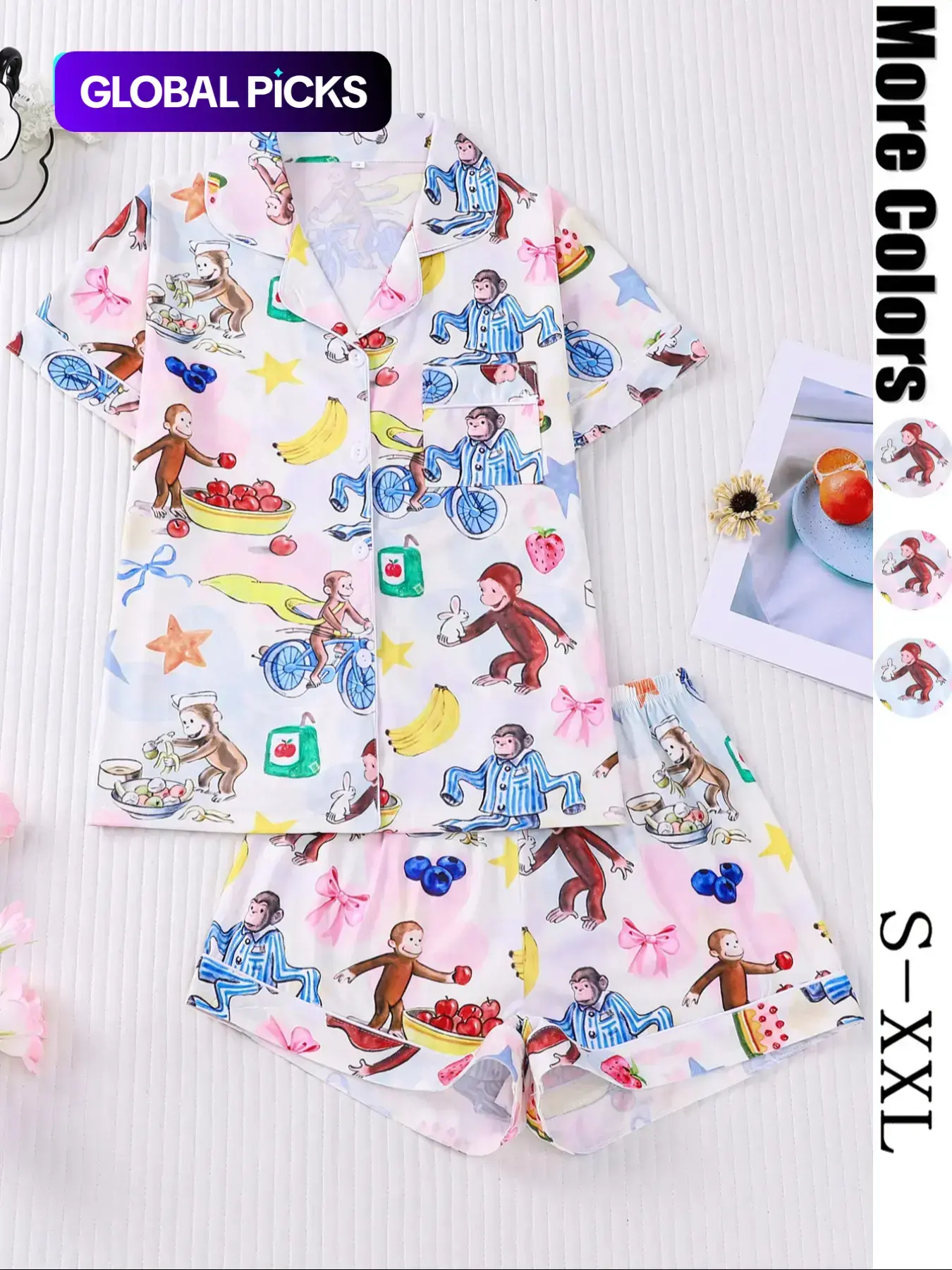 Women's Cute Monkey Print Pajama Set, Short Sleeve Lapel Top & Elastic Shorts, Casual Summer Sleepwear, Pajamas Lounge Set, 2 Piece, Pajama Pattern