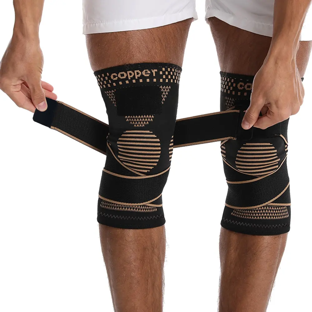 Copper knee pads with straps, compression-type elastic knee pads, used for knee support and stability, sports knee pads, patella knee pads, suitable for sports and fitness protection as well as daily use