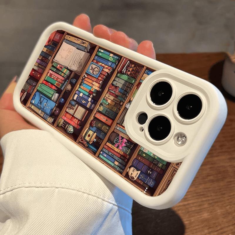 Cartoon Bookshelf Pattern TPU Phone Case for iPhone 16 15 14 Pro Max 13 12 Shockproof Non Slip Military-Grade Protective Silicone Cover