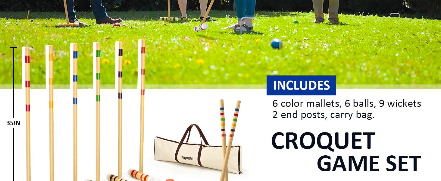 (Summer Turn-Up)Ropoda Six-Player Croquet Set with Wooden Mallets, Colored Balls, 2 Ending Stakes, 9 Steel Wickets & Durable Carrying Bag for Easy Storage, Summer Turn Up & Father's Day Deal
