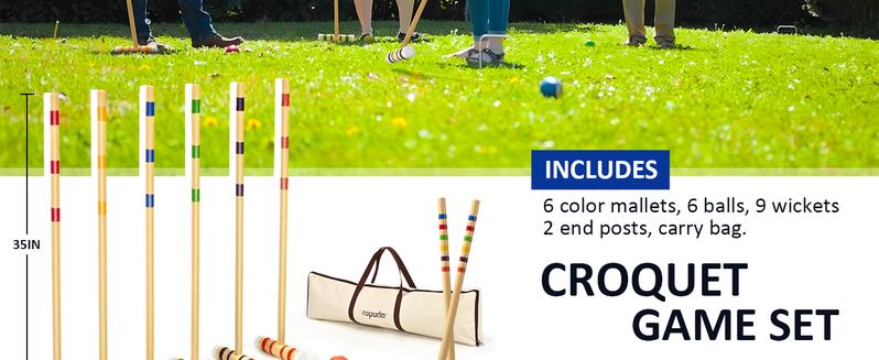 (Summer Turn-Up)Ropoda Six-Player Croquet Set with Wooden Mallets, Colored Balls, 2 Ending Stakes, 9 Steel Wickets & Durable Carrying Bag for Easy Storage, Summer Turn Up & Father's Day Deal