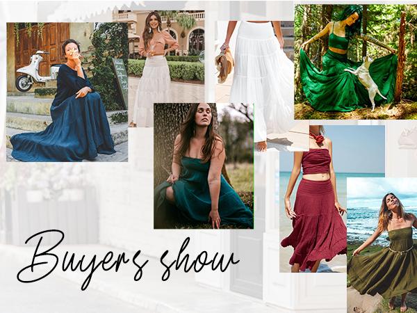 Women's Long Maxi Skirts Tiered Elastic High Waist Boho Double Layered Print A-Line Casual Midi Dress