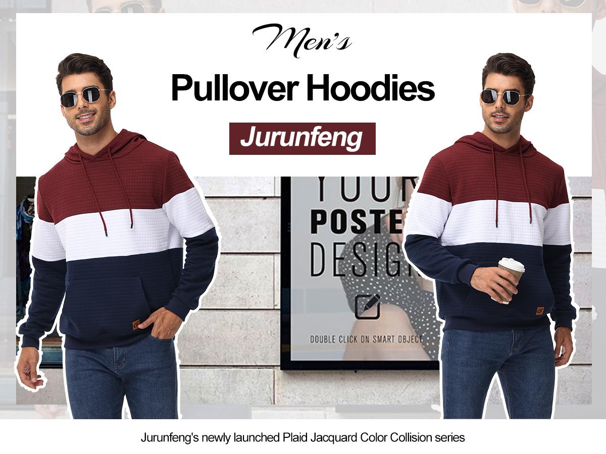 Men's Sweatshirts Long Sleeve Pullover Patchwork Plaid Jacquard Hoodie Casual Drawstring Hoody Top Breathable Sportswear with Kangaroo Pocket & Adjustable Drawstring