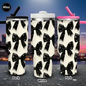 1pc 40oz Elegant Black Bows Pattern Tumbler with Lid and straw, Winter Insulated Travel Mug, Gift for Women Men, Ideal for Valentine's Day, Birthday Gift, Coffee Cup for Office