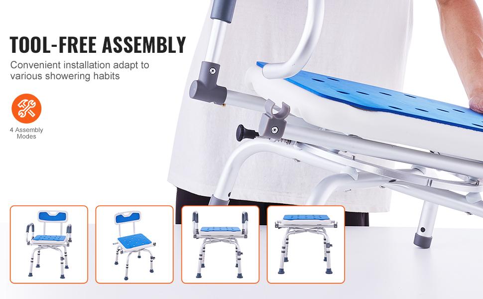 VEVOR Non-Slip Shower Chair,  360° Swivel Bathtub Shower Stool with Pivoting Arms & Padded Seat and Back, Height Adjustable Rotating Bathtub Shower Seat for Elderly Disabled, Max 500LBS Capacity