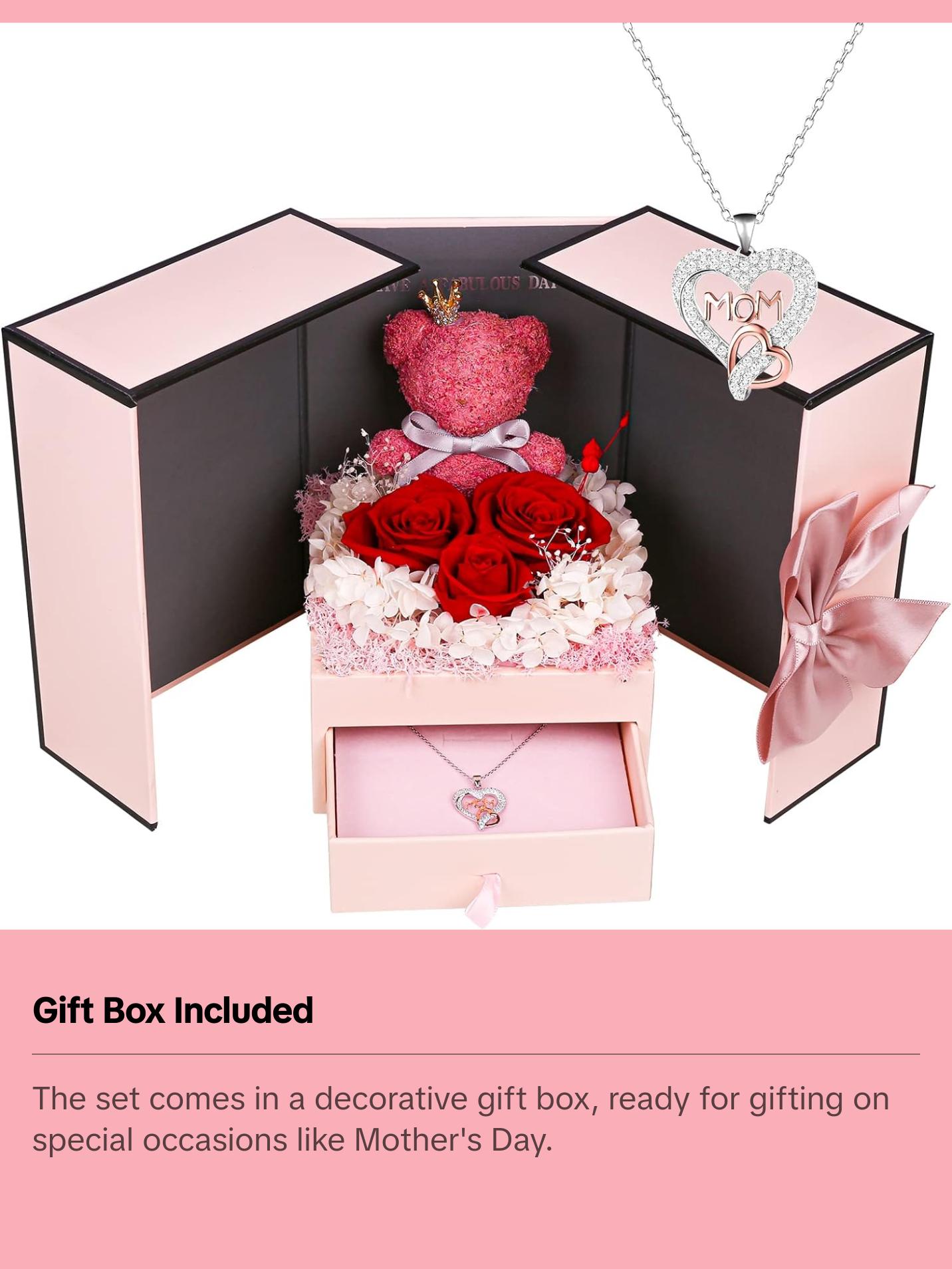 IDFALKFD Preserved Rose Gifts Set includes 925 Sterling Silver Necklace with Heart and Mom Jewelry Design, Mothers Day Birthday Christmas Valentines Gifts for Mom from Daughter and Son