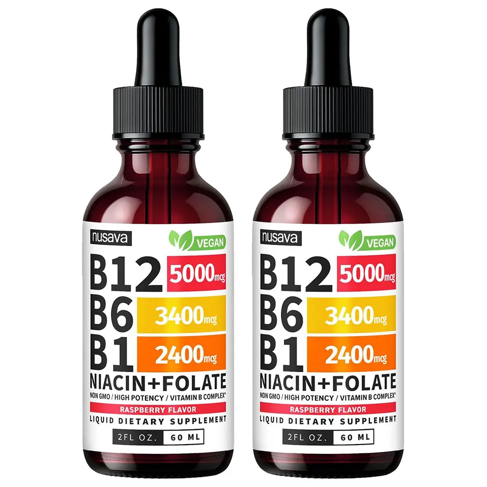 2 Bottles Vitamin B12 Liquid Supplement Drops with B6, B1, Niacin & Folate - Edible Support for Energy, Brain & Heart, Non-GMO & Gluten-Free, 4 Fl Oz Fitness Dietary NUSAVA
