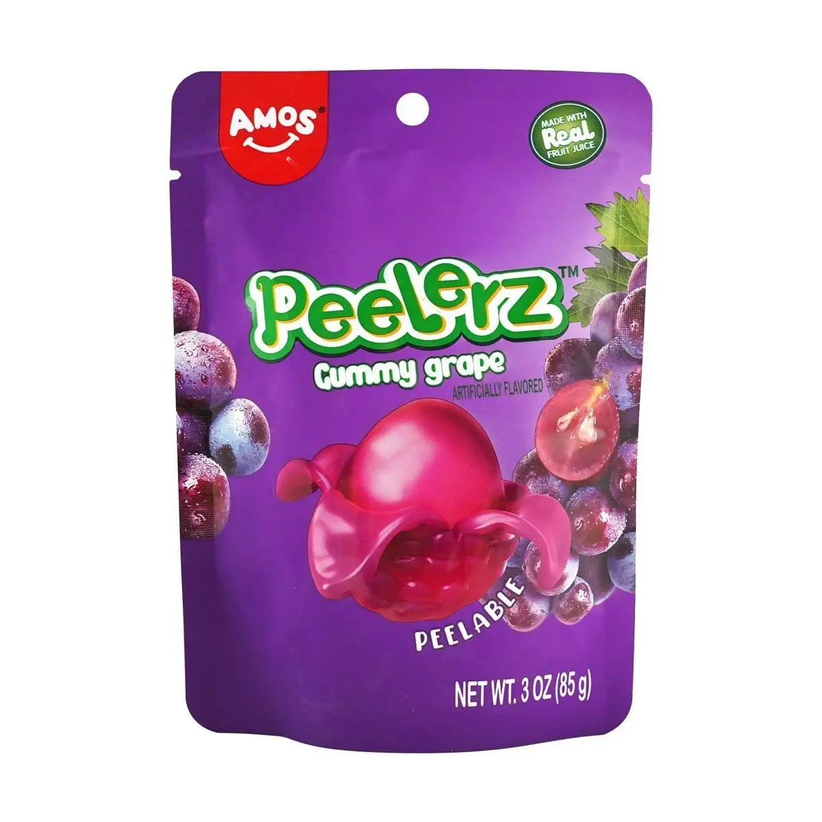 Amos Sweets 2D Grape Gummy Candy - Real Fruit Juice, Soft & Chewy, 85g Pack