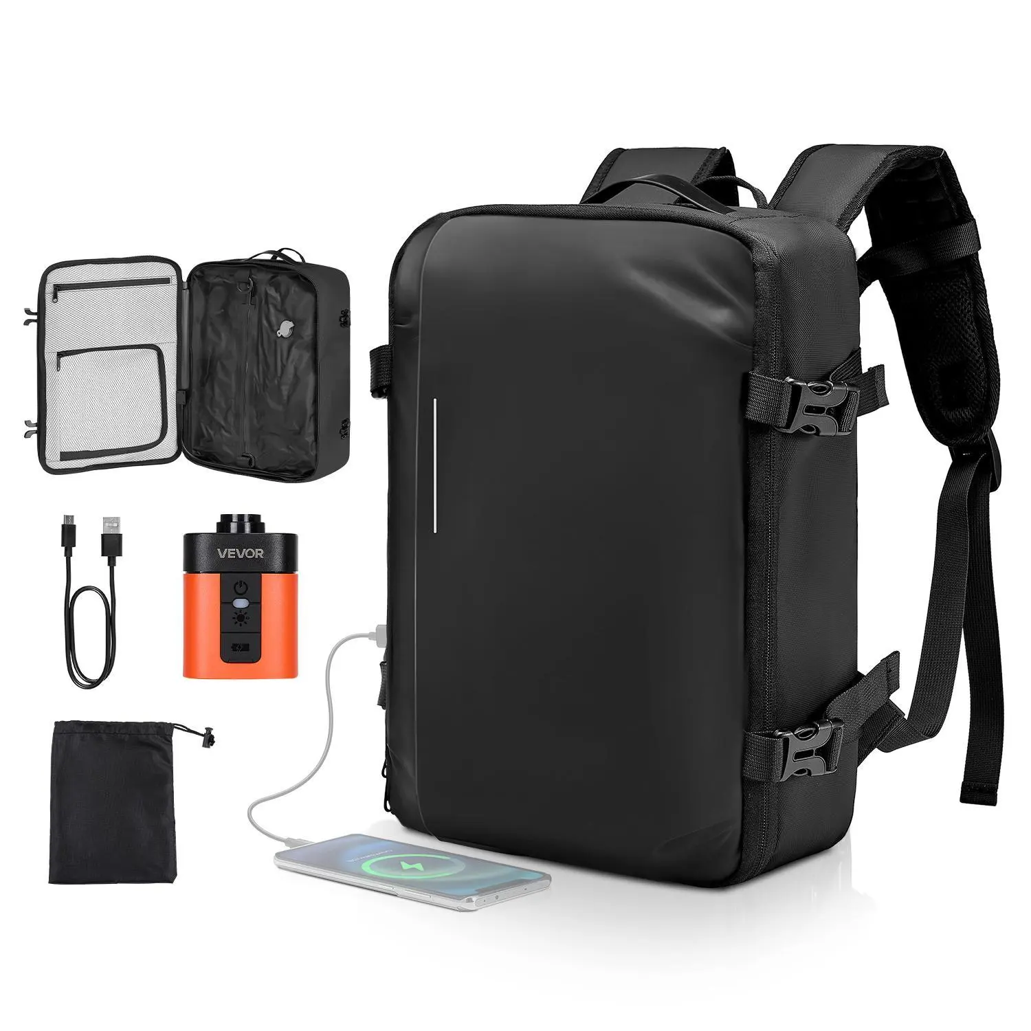 【SummerFinds】VEVOR 35L Multi-Function Vacuum Travel Bag, Effortless Vacuum Compression with Rechargeable Pump, USB Port, Buckle, Multiple Pockets, Compartments, Water-Resistant, Anti-Theft, Reflective Strips, Black Carry-On for Camping, Business, Luggage,