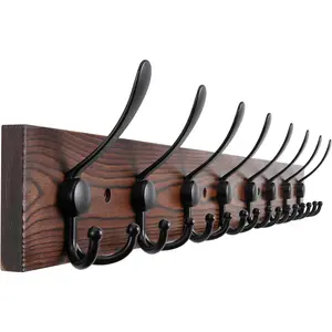 Large Coat Rack Wall Mount Coat Hooks Coat Hanger with 8 Metal Black Triple- Hooks Brown Pine Real Wood Plank Hat Rack for Wall Hooks for Hanging Coat Hat Jacket