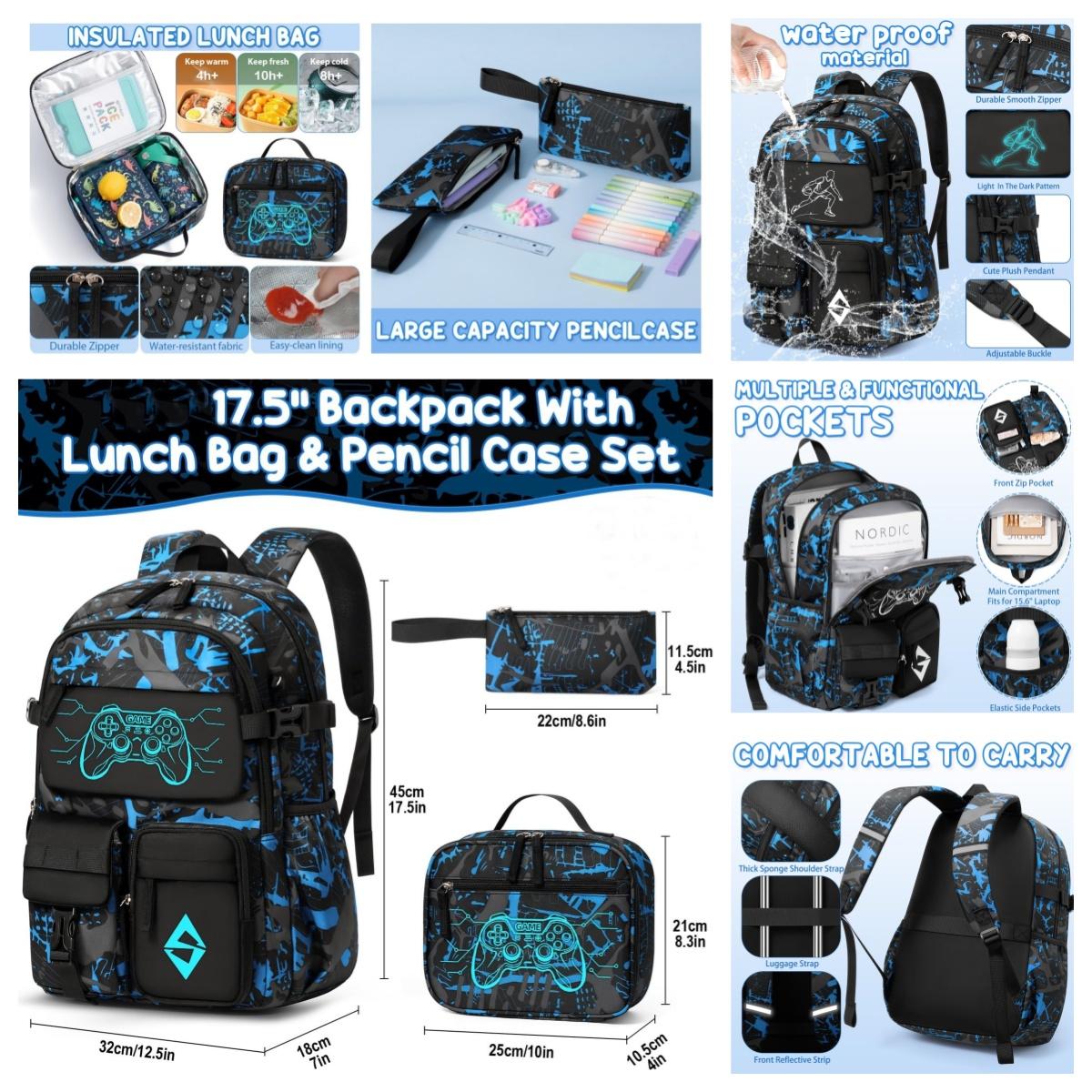 Fimibuke 3PCS Waterproof Backpack for School,Bookbag Set with Lunch Box & Pencil Case,colorful/Laptop/Luminous school bag for Elementary Middle High School,Backpag with Stationery,Back to School Gift,Birthday's Gift