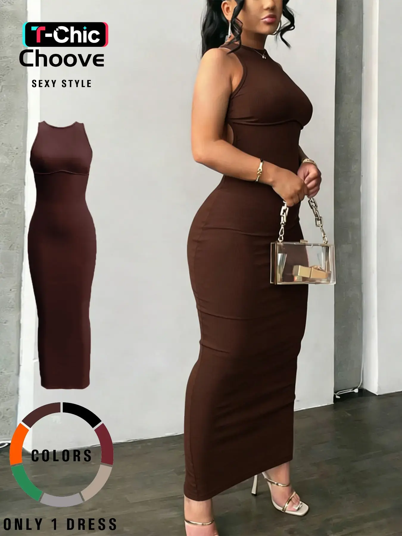 Women's Sexy Chic Round Neck Cutout Long Dress, Backless Criss Cross Design, Split Hem, High Stretch Fabric, Casual Sleeveless Dress Fit, Casual Elegant Dresses