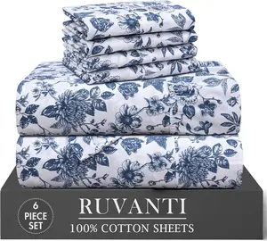 Ruvanti 100% Cotton Percale 6 Pcs Sheet Set – Ultra Soft Hotel-Quality Bedding with Deep Pockets, Breathable, Elegant Design, Soft Touch, OEKO-TEX Certified