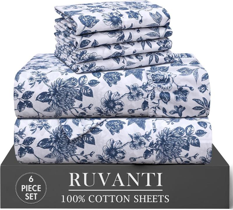 Ruvanti 100% Cotton Percale 6 Pcs Sheet Set – Ultra Soft Hotel-Quality Bedding with Deep Pockets, Breathable, Elegant Design, Soft Touch, OEKO-TEX Certified
