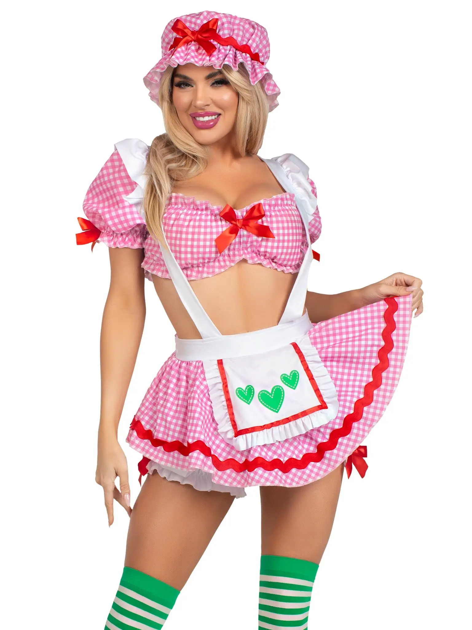 Leg Avenue Women's Berry Babe 3-Piece Costume - Sexy Gingham Cotton-Blend Outfit with Crop Top, Suspender Short Skirt, Bonnet, Spandex; Cute Fashion Dress for Trick or Treat Parties, Hand Wash, Cold Water, Bonnet Detail, Do Not Iron