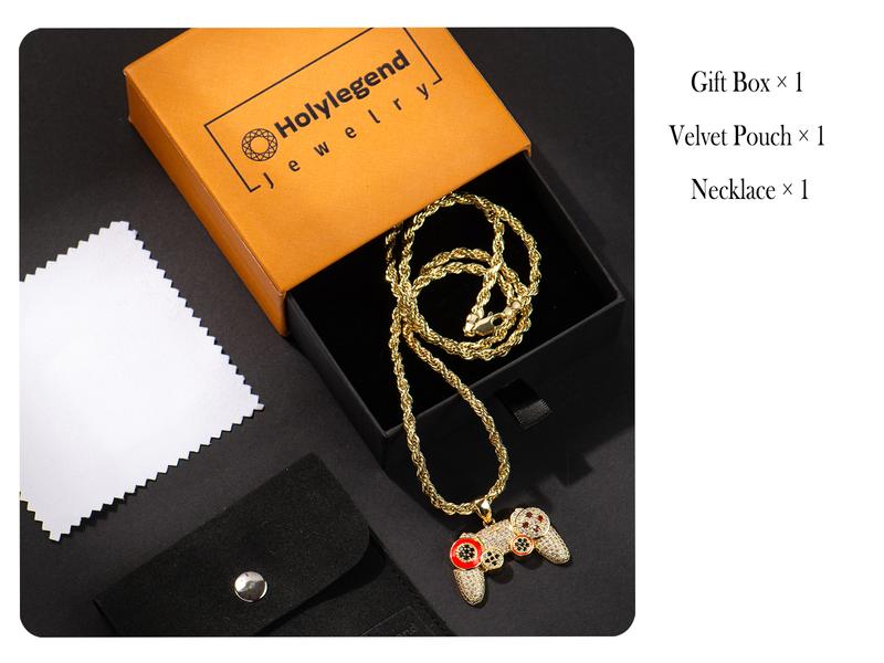 Holylegend 14K Real Gold-Plated Game Controller Necklace, Statement necklace, CZ Diamond Pendant, 24" Cuban & Rope Chain, Hip Hop Jewelry Gift for PlayStation Fans