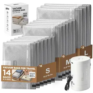 Cordless Travel Vacuum Storage Compression Bag Set with Rechargeable Air Pump 14 Pack Waterproof & Reusable Compression Packing Bags for 3 Size, Vacuum Storage Bags for Travel with USB Electric Pump，Space Savers Vacuum Bags Perfect for Carry-On Suitcases