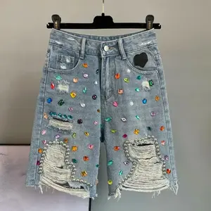 Colorful Diamond Studded Nail Bead Ripped Jeans Blue High Waisted Loose Shorts Shiny Fashionable Versatile Casual Trousers Pants Womenswear