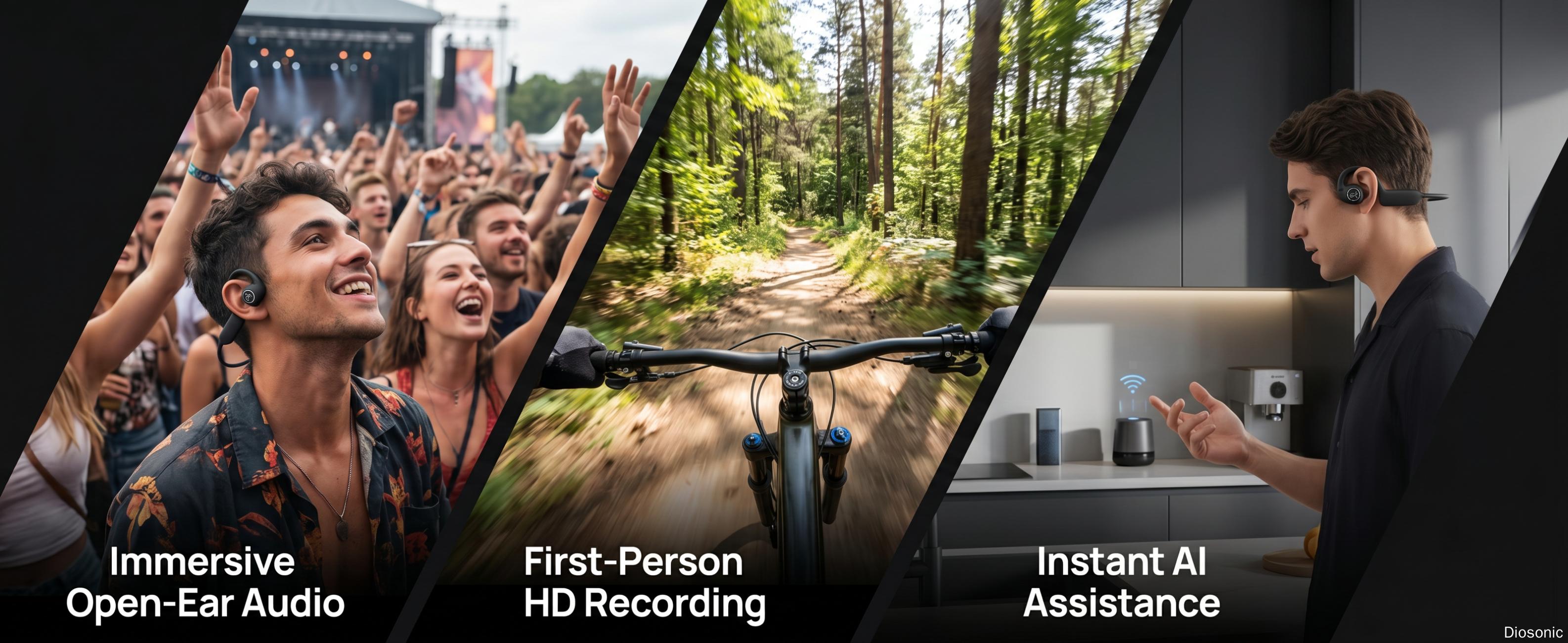 DIOSONIC New AI Smart Camera Open-Ear Earphones, Bluetooth 5.3 Wireless Chargeable Earbuds with 8MP Camera, 1080P Video, Wi-Fi Sync, IP54 Rated, Magnetic Charging, Audio, Recording, Instant Connection for Cycling, Outdoor Sports