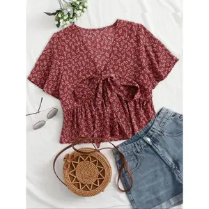 Women's Floral Print Tie Front Crop Blouse, Casual Bishop Sleeve Top for Spring & Fall, Women's Clothing for Daily Wear