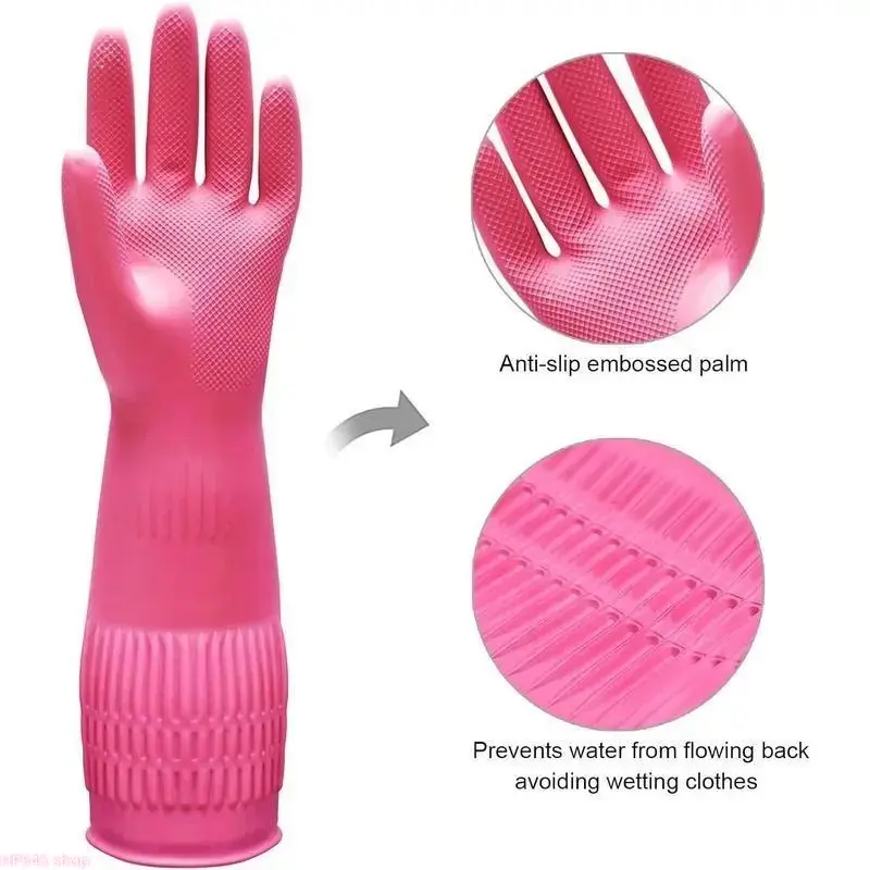 3 Pairs Pink Rubber Cleaning Gloves, Long Cuff Non Slip Embossed Palm Dishwashing Gloves, Waterproof Reusable Household Gloves For Kitchen Bathroom Gardening homedecor
