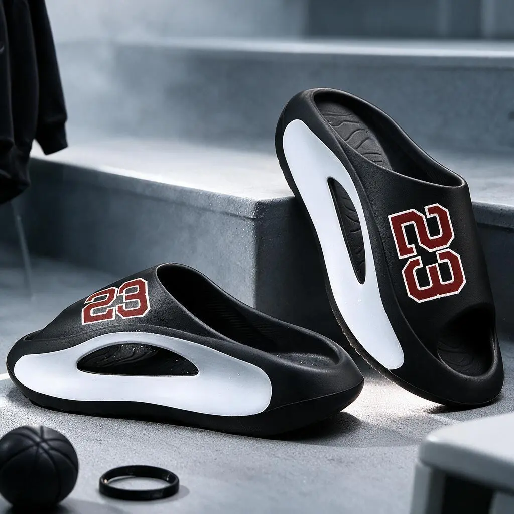 Men's Athletic Cushioned EVA Figure Slides - Open-Toe Non-Slip Sole House Slippers for Indoor/Outdoor Use, Modest Slip-On Walking Footwear for All Seasons